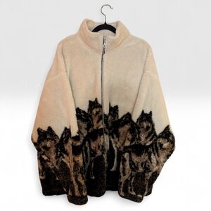 Vintage Wolf Print Fleece Jacket • Zip Up • Size XL • S.K. Sportswear